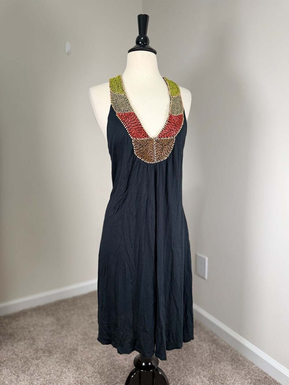 BCBGMaxazria Beaded Halter Dress Size M Black Viscose Boho Fall Layering